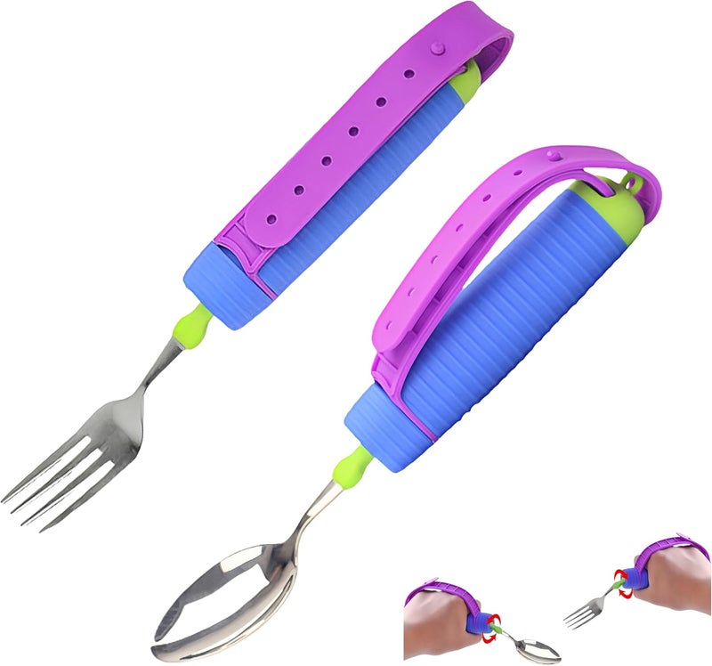 LUCKIEST MAP Bendable Adaptive Utensils Spoons Forks Set,Left and Right Handed, for Hand Tremors & Muscle Weakness,Arthritis,Stroke,Parkinson,360 Degree Rotation Weighted Rubber Strap,Eating & Drinking Aids - Image 2